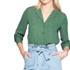 WHO WHAT WEAR Green Polka Dot Collared Button Down Shirt Women's Medium